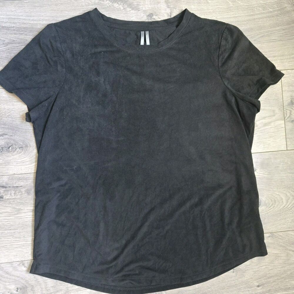 Anthropologie Faux Suede Black Short Sleeve Top Tee Size Medium Crew Neck Soft